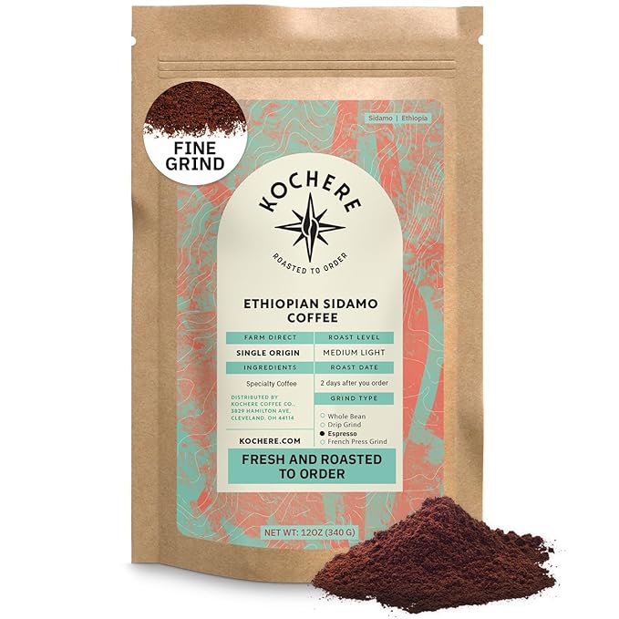 Ethiopian Sidama Ground Coffee - Single Origin Medium Light Roast, Freshly Roasted To Order Ground Coffee, Specialty Grade, Fair Trade and Non-GMO, Chocolate and Fruity Notes - 12 oz