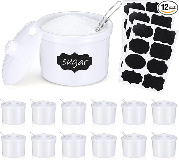 Tioncy 12 Pcs Hot Cocoa Bar Supplies Sugar Bowls with Lid and Spoon Party Bar Ice Cream Sundae Caramel Apple Dipping Container Christmas Acrylic Candy Dispenser with Tag (7.1 oz,White)