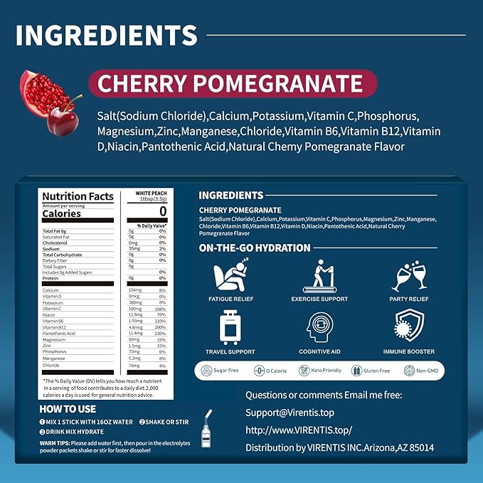 16 Sticks Electrolytes Powder Packets Sugar Free Hydration Packets Liquid Daily IV Electrolyte Drink Mix for Rehydration with 8 Electrolytes & 6 Vitamins, Low Sodium, Cherry Pomegranate