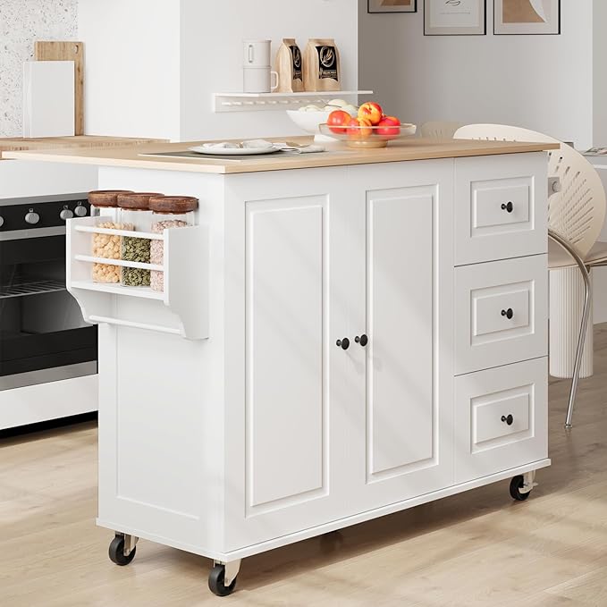 Mobile Kitchen Island with Drop Leaf, Rolling Kitchen Cart with 3 Drawers, Kitchen Storage Cabinet on Wheels, Island Table with Towel and Spice Rack for Dining Room, Living Room, White