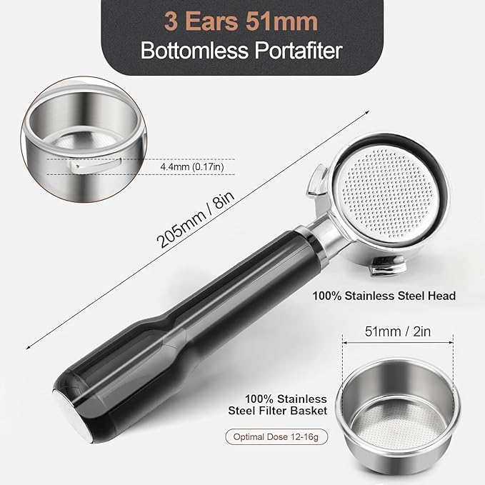 51mm Bottomless Portafilter & Puck Screen, 3-Ear Stainless Head, Compatible with CASABREWS CM5418, 3700Essential, 3700Gense Espresso Machines, Includes 304 Stainless Steel Filter Basket