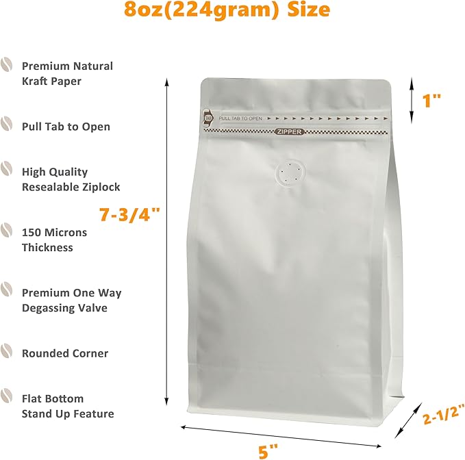 White Kraft Coffee Bags with Side Gusset, Resealable Stand-Up Coffee Pouches with Side Zipper, Degassing Valve for Coffee (Size: 5 x 7.75", 8oz/0.5lb, Pack of 50)