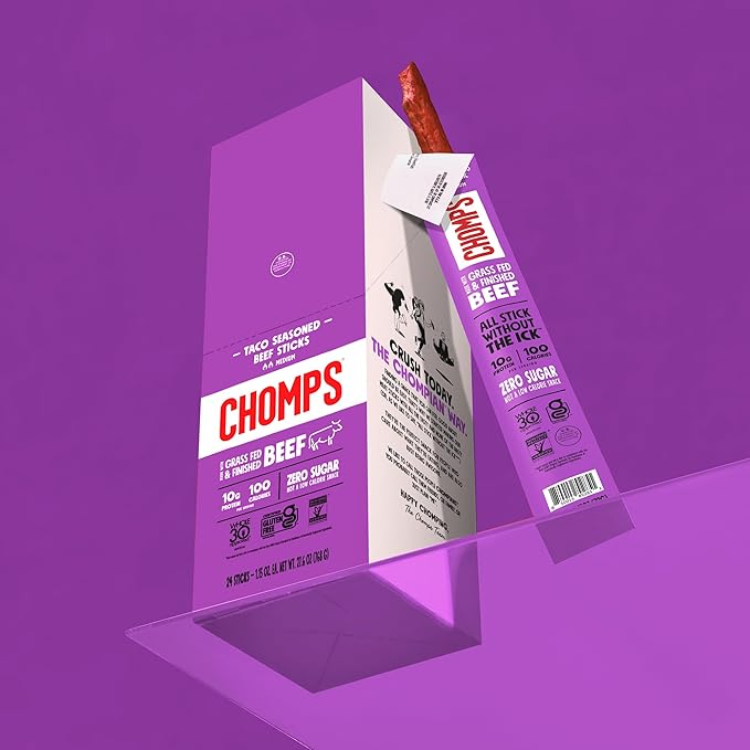 Chomps Grass-Fed Taco Beef Jerky Snack Sticks 24-Pack - Keto, Paleo, Whole30, 10g Lean Meat Protein, Gluten-Free, Zero Sugar Food, Non-GMO