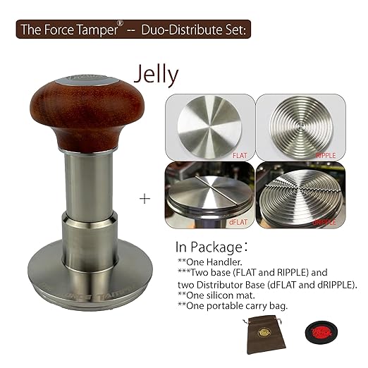 The Force Tamper Automatic Impact Adjustable Constant Pressure and Autoleveling Coffee Tamper Reddish Brown Jellyfish Wooden Handle Set Pro (Duo-Distribute Set, 58.35mm)
