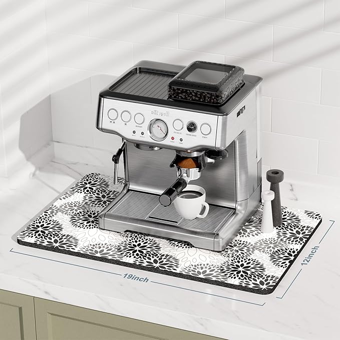 Rnivvi Coffee Mat, 12" x 19" Cute Coffee Bar Mats for Espresso Machine Station Accessories and Organizer, Hide Stain Rubber Backed Absorbent Dish Drying Pad for Kitchen Counter, Cartoon Flowers