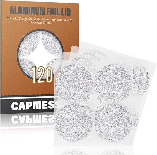 CAPMESSO Coffee Capsules Foil Seals -Aluminum Lids Foil Stickers to Reuse Nespresso Original Capsules Refillable Pods Compatible with Nespresso Original Line Machines (V2-120 Lids(37mm))