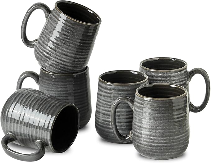 HASENSE Ceramic Coffee Mugs - 15 OZ Large Coffee Cups Set of 6 with Handle for Hot Beverages, Porcelain Latte Mugs for Tea, Milk, Cocoa, Cappuccino and Mocha, Microwave and Dishwasher Safe, Grey