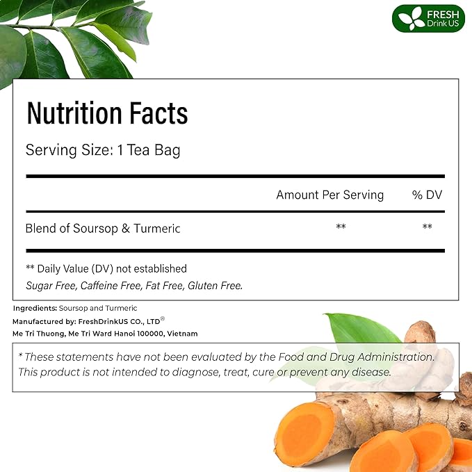 FreshDrinkUS, Premium 60 Soursop Turmeric Tea Bags, 100% Natural, Blend of Soursop Leaves, and Turmeric Root. Made with Natural Material Tea Bags. No Sugar, Vegan. | Premium, 100% Natural, No Sugar, Vegan