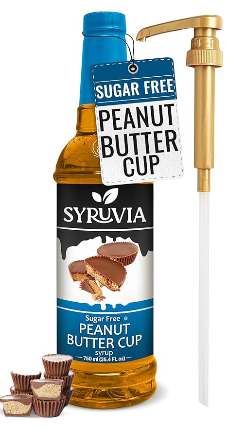 Syruvia Sugar Free Coffee Syrup, Peanut Butter Cup Flavored Syrup for Drinks, Lattes, and Desserts – 25.4 fl oz, With Pump