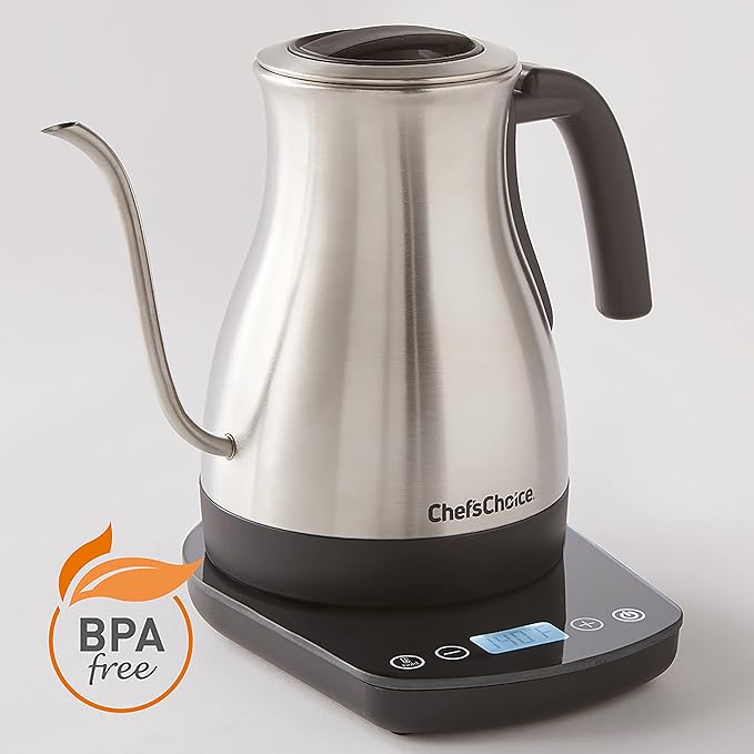 Chef'sChoice Electric Kettle Gooseneck Style Perfect for Pour-Overs Stainless Steel Construction 1200 Watts with Auto-Shutoff & Boil-Dry Protection, 1-Quart, Silver