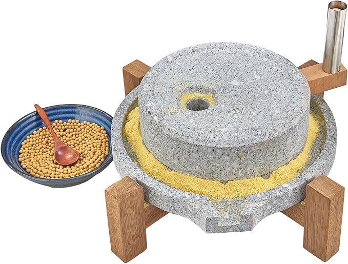 Stone Grain Mill - Manual Flour Mill with Stable Wood Base, Natural Granite Stone Grinder Mill for Dry & Wet Use, Home Kitchen Tool (11.8 x 15.8 inch)