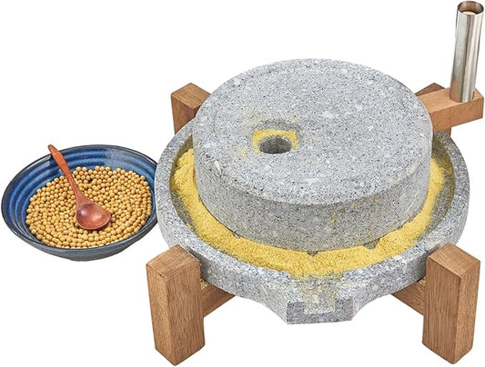 Stone Grain Mill - Manual Flour Mill with Stable Wood Base, Natural Granite Stone Grinder Mill for Dry & Wet Use, Home Kitchen Tool (11.8 x 15.8 inch)
