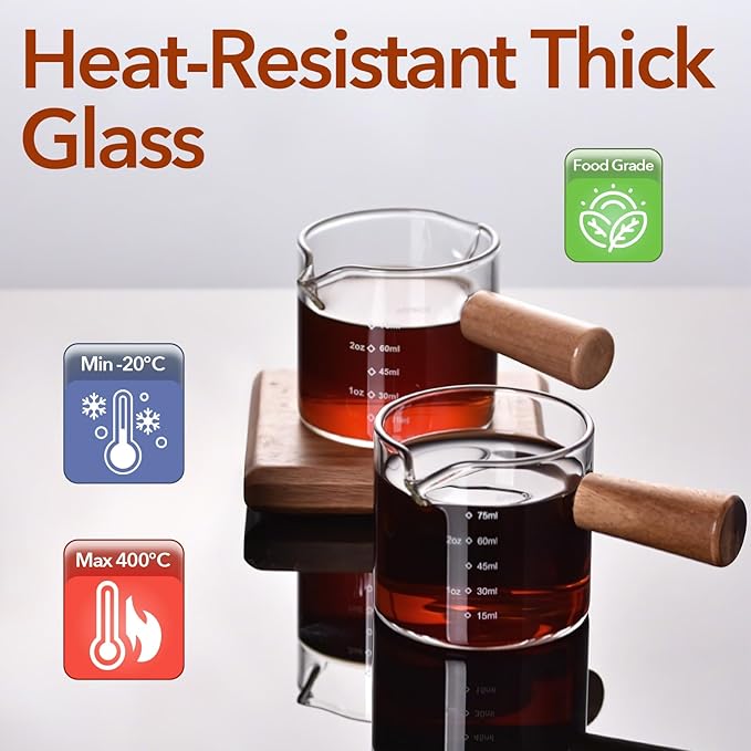 YARRAMATE 2.5 oz/75ML Espresso Shots Cup with Wood Handle (2 Pack), Clear Glass Espresso Measuring Cup, Espresso Shot Glass with Single Spout and Scale, Dishwasher Safe