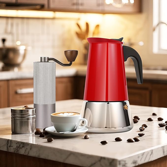 Suiitat Moka Pot, 6 Cups (10.6 oz) Stovetop Espresso Maker, 304 Stainless Steel Moka Pot, Induction Compatible, Red
