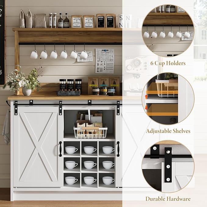 4ever2buy Farmhouse Coffee Bar Cabinet with Hutch, 47 Inch Buffet Cabinet with Storage, White Wine Bar with 9 Wine Racks and 6 Hooks, Coffee Bar Table with Adjustable Shelves for Living Dining Room