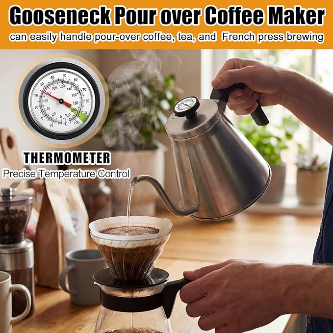 2 Pack 40 oz Gooseneck Kettle with Thermometer Stainless Steel Pour over Coffee Kettle Precision Drip Spout for Stovetop Home Kitchen Camping(Silver)