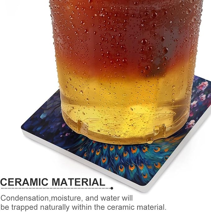 Square-6PCS Peacock Drink Coasters, Square Modern Ceramic Absorbent Coasters, Vintage Watercolor Style Floral Beautiful Blue Peacock Decor Desk Coffee Table Coaster for Beverage Cup Tea Coasters