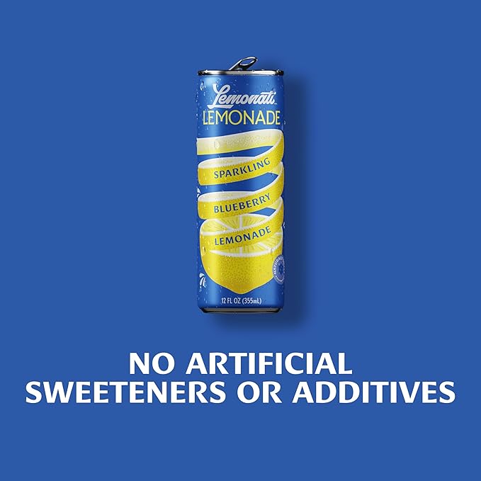 Lemonati Sparkling Lemonade, No Artificial Sweeteners or Flavoring, Gluten-Free, Kosher, Non-GMO, Vegan, 12 Fl Oz Slim Cans (12 Fl Oz (Pack of 24), Blueberry Lemonade)
