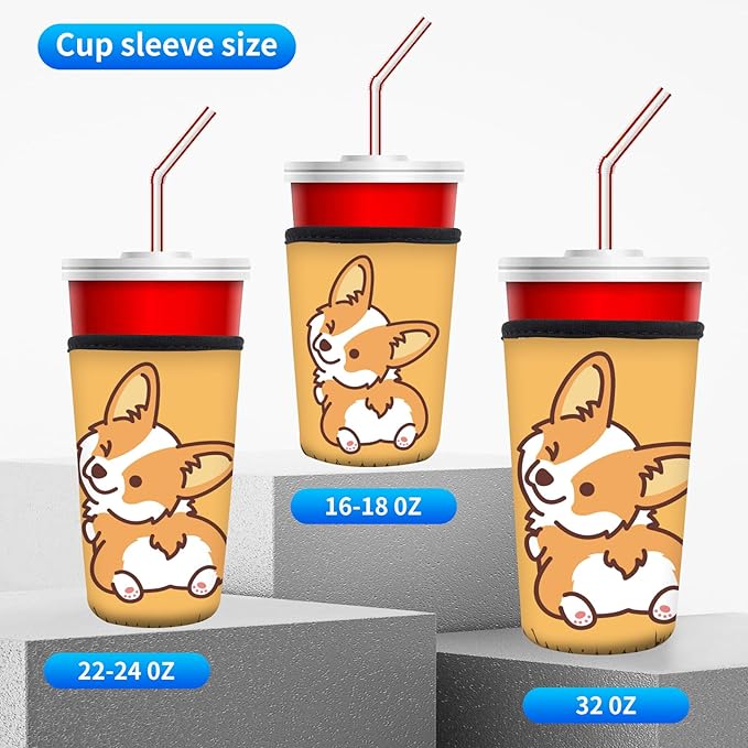 3 Pack Reusable Neoprene Insulator Sleeve for Iced Coffee Cups, Funny Coffee Cup Sleeves for 16-32oz Coffee cups, Cute Drink Sleeve for Cold Hot Beverages Cute Yellow Corige