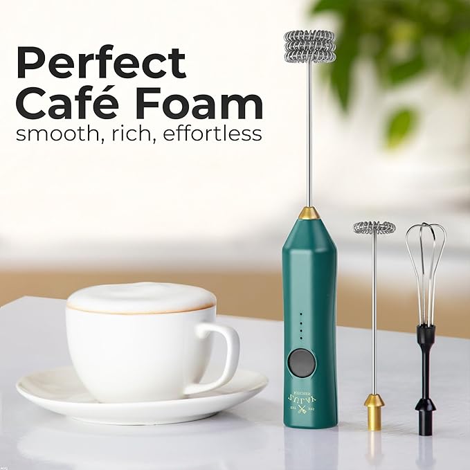 Zulay Kitchen Rechargeable Milk Frother - Dynamic - 3 Speeds, 3 Whisk Attachments, 500 mAh USB Charging, Drink Mixer For Latte, Cappuccino, Matcha, Protein Powder, Coffee Foam - Green Gold