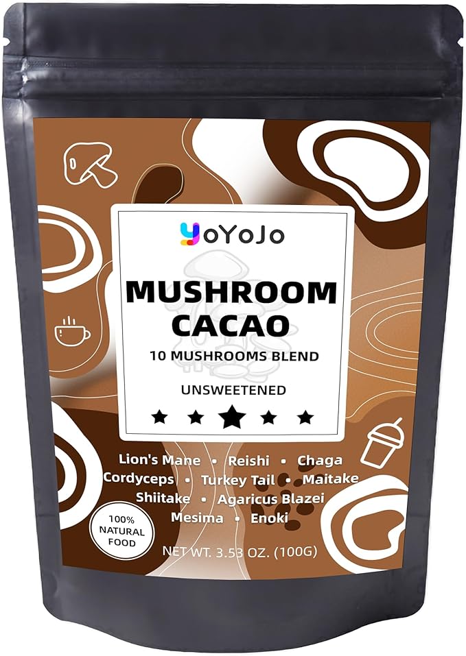 Mushroom Cacao Mix, Organic Raw Cacao with 10 Mushrooms Powder, Non-GMO, Vegan, Gluten Free, Unsweetened Hot Chocolate Natural Supplement, 3.53oz