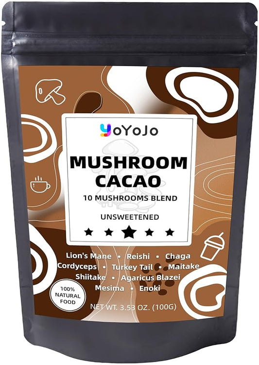 Mushroom Cacao Mix, Organic Raw Cacao with 10 Mushrooms Powder, Non-GMO, Vegan, Gluten Free, Unsweetened Hot Chocolate Natural Supplement, 3.53oz