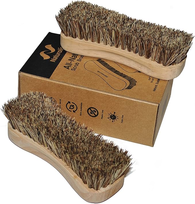 Naturolic All-Natural Wooden Scrub Brush Set | Wooden Handle | Palmyra Bristle Brush for Cleaning | Eco Friendly Cleaning Products | Scrub Brush Set of 2