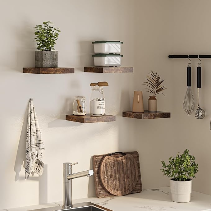 Square Floating Shelves for Wall, 10"W x 10"D x 1.4"H, Small Wooden Wall Mounted Display Shelf with Invisible Brackets for Living Room, Bedroom, Bathroom, Kitchen Decor, Set of 4, Rustic Brown