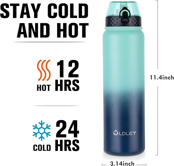 Oldley Insulated Water Bottle 32 oz Stainless Steel with Straw Lid/Chug Lid, Double Wall Vacuum Wide Mouth Sweat/Leak-Proof for Sports Gym Travel Camping (Caribbean Blue)