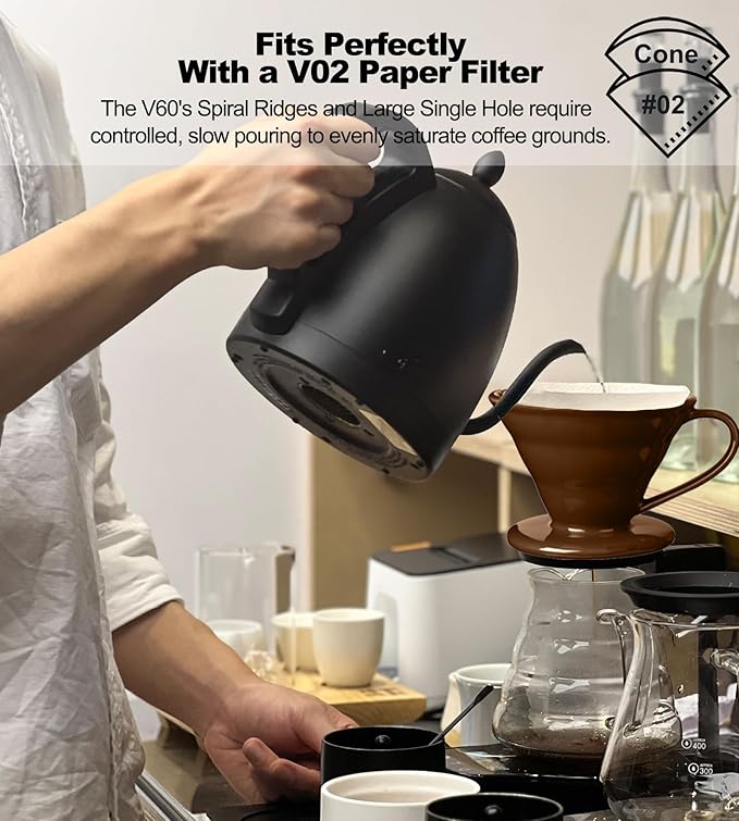 Pour Over Coffee Dripper - Ceramic Cup, Pour Over Coffee Maker Cone, Porcelain Cone, Easy Manual Brew Maker - Strong Flavor Brewer for Home, Cafe, Office - 1-4Cup, V60 Size 02 (Brown)