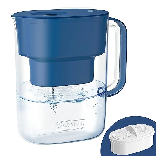 Waterdrop Water Filter Pitcher, 200-Gallon Long-Life, 10-Cup Large Water Filter Pitcher, Improved Coffee & Tea Taste, NSF Certified, 5X Times Lifetime, Reduces PFOA/PFOS, Chlorine, Classic Blue