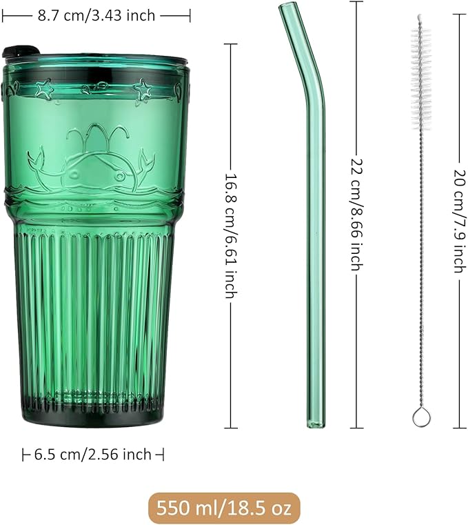 Joeyan Green Glass Tumbler with Lid and Straw,Embossed Iced Coffee Cups with Whale Pattern,Colored Striped Drinking Jars,Water Juice Beverages Soda Glasses,18.5 oz,Set of 2,Dishwasher Safe