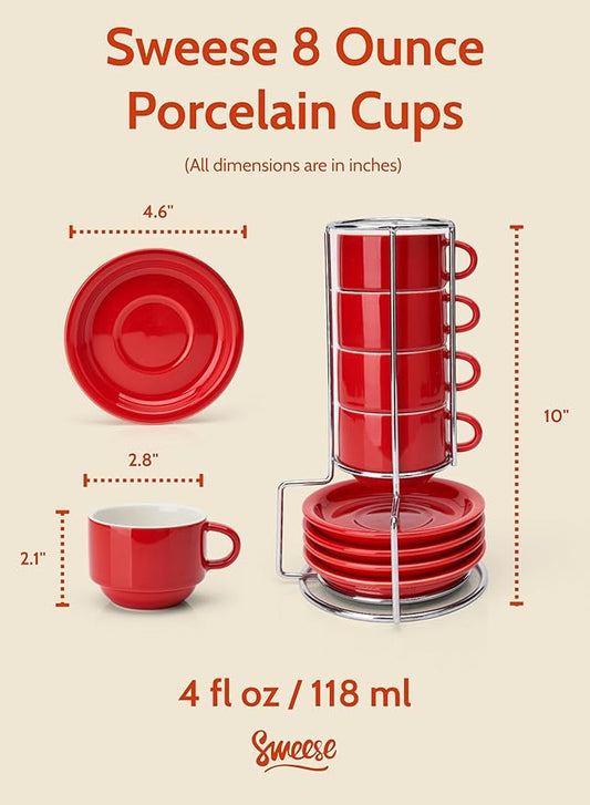 Sweese 8 Ounce Porcelain Stackable Cappuccino Cups with Saucers and Metal Stand - for Specialty Coffee Drinks, Cappuccino, Latte, Americano and Tea - Set of 4, Red
