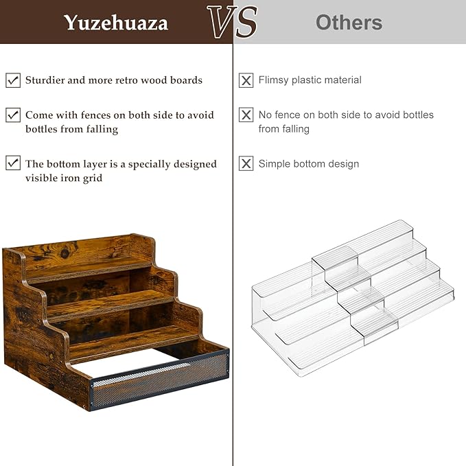 Yuzehuaza 4 Step Countertop Liquor Bottle Display Shelf, Wood Bar Shelves 16 Bottles with Fences, Freestanding Storage Shelves for Liquor Whiskey Wine Coffee Syrup Display, Retro Wine Rack Home