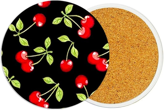 2Pack Cherry Ceramic Coasters Absorbent Coasters for Drinks with Cork Base, Cherry Coaster for Table Office Desk Decor Coffee Cup Wine Beer Bar Cup Mat 3.9 Inch, Cherrys Gifts for Women, Men, Dad