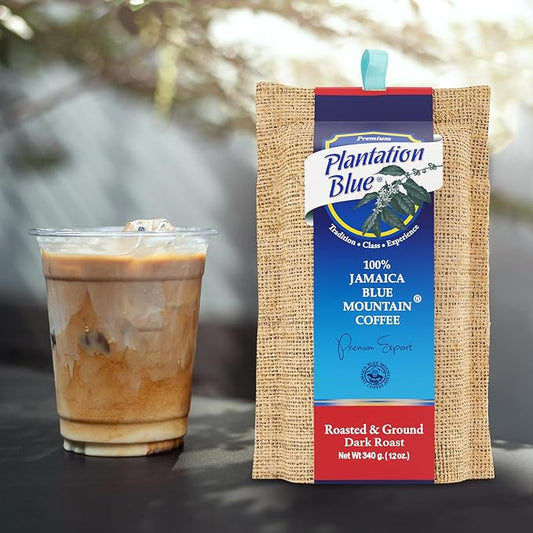 Plantation Blue 100% Blue Mountain Coffee, Dark Roast, Ground, Premium Jamaican Coffee, 12oz