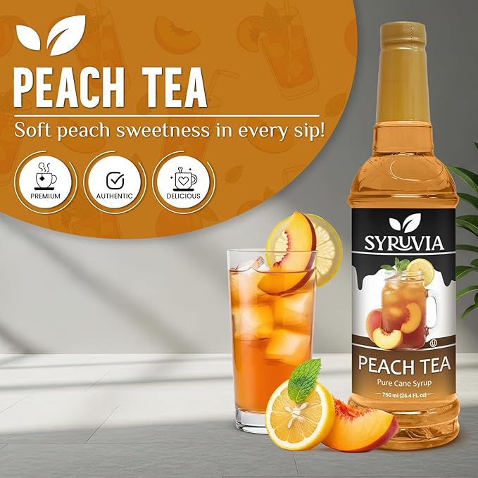Syruvia Peach Tea Flavored Syrup for Drinks, Cocktails, Lemonades, Iced Teas and Desserts – 25.4 fl oz