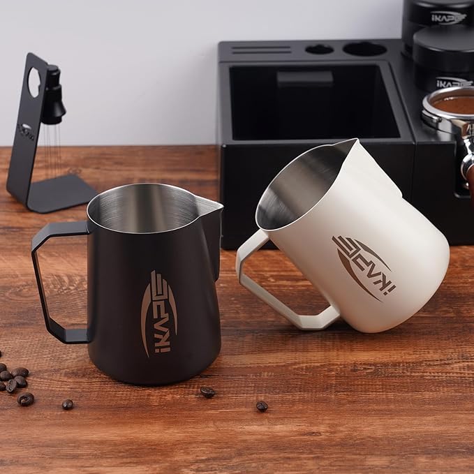 IKAPE Coffee Products, 600ml Milk Frothing Pitcher, Stainless Steel Milk Steaming Pitchers, Cappuccino Latte Art Barista Steam Pitchers Coffee Milk Frother Cups(20 oz)(Black)