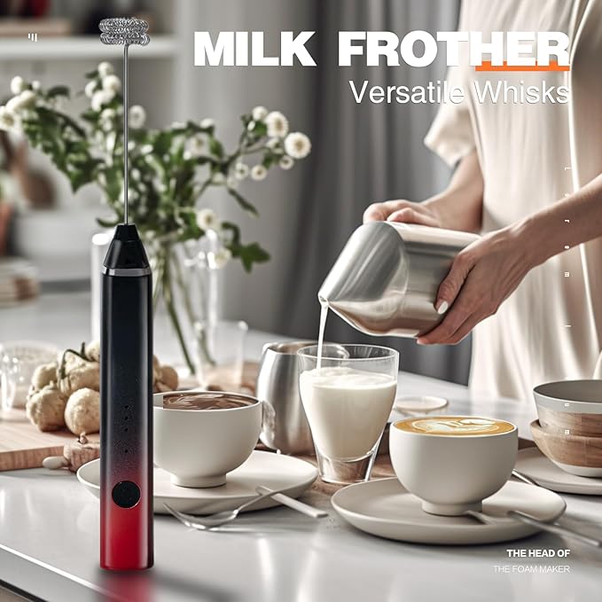 Milk Frother Rechargeable Handheld Electric Whisk Coffee Frother Mixer with 3 Stainless whisks 3 Speed Adjustable Foam Maker Blender for Coffee Matcha Latte Cappuccino Hot Chocolate（Black Red）