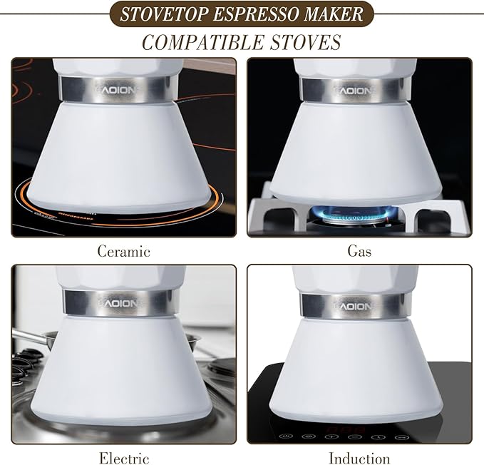 LAOION Moka Pot, 6-Cup Espresso Maker, 300ml Portable Stovetop Espresso Maker, Percolator Coffee Pot Compatible with Induction Cooktops, Suitable for Home and Camping (White)