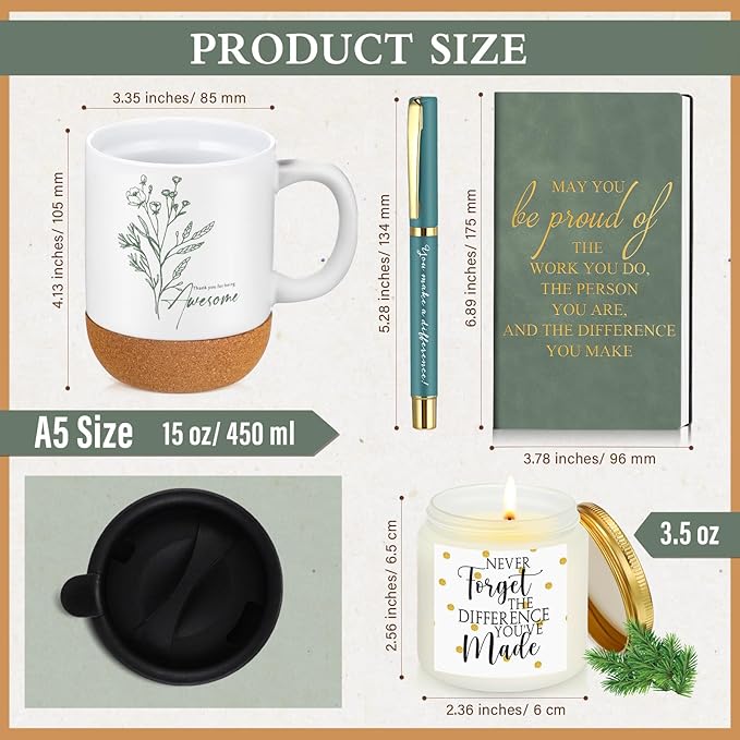 4 Pcs Thank You Gift Set for Men Women Employee Coworker Gifts Inspirational Appreciation Notebook Coffee Mug Scented Candle Pen for Valentine's Day Team Office Staff Teacher Volunteer Nurse