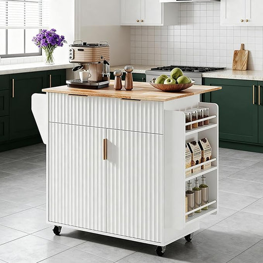 VINGLI Kitchen Island with Storage, Rolling Cart on Wheels with Foldable Drop Leaf, Drawer & Door Cabinet, Portable Kitchen Cart for Meal Prep & Organization, White