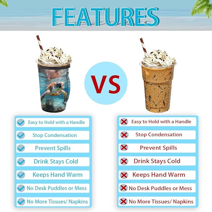 Reusable Iced Coffee Sleeve with Handle, Ocean Turtle Neoprene Cup Sleeve Hawaiian Sea Turtle Insulator Cup Holder for Cold Drinks Beverages 16oz - 18oz