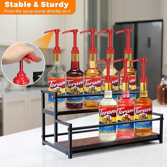 Coffee Syrup Rack Organizer - 2-Tier 10 Syrup Bottles Holder for Coffee Bar, Liquor Bottle Display Shelf - Rustic Kitchen Cabinet for Spices, Jars - Stepped Pantry Shelf for Wine, Tea & Bottles