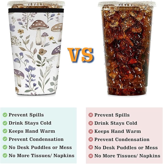 Wildflowers Mushroom Iced Coffee Sleeve for Cold Drink Cups, Reusable Neoprene Insulated Drink Sleeves Cup Cover for Beverages, Fits 22-24 oz