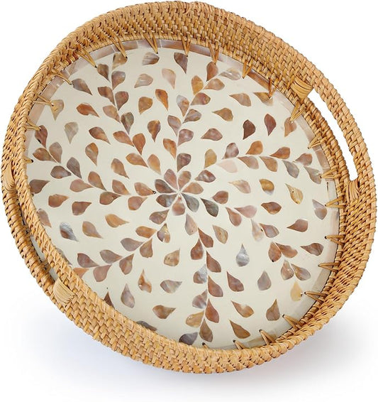 YANGQIHOME Round Rattan Tray with Handle, Mother of Pearl Inlay Decorative Wicker Basket for Coffee, Bread, Fruits, Serving Tray for Home Decor, Pink Clover