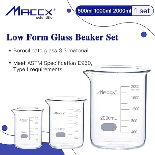 Sturdy Glass Beakers, 3 Sizes of 500ml 1000ml 2000ml,3.3 Borosilicate Griffin Low Form with Printed Graduation, BKLS05-003
