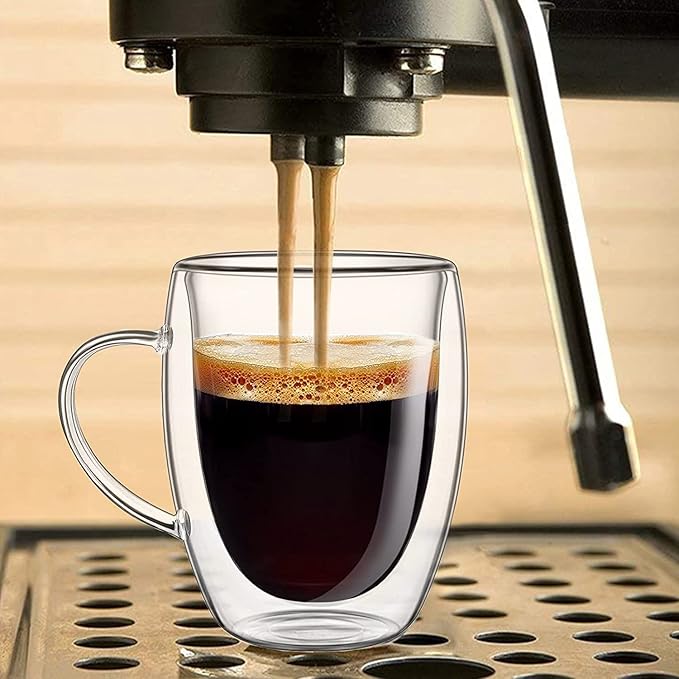 12 Oz Double Walled Glass Coffee Mugs, 2 Packs Clear Coffee Mugs with Lids Insulated Coffee Cups with Handle Perfect for Cappuccino,Tea,milk ,Espresso,Latte, Hot Beverage Set of 2 (Glass lid, 12oz)
