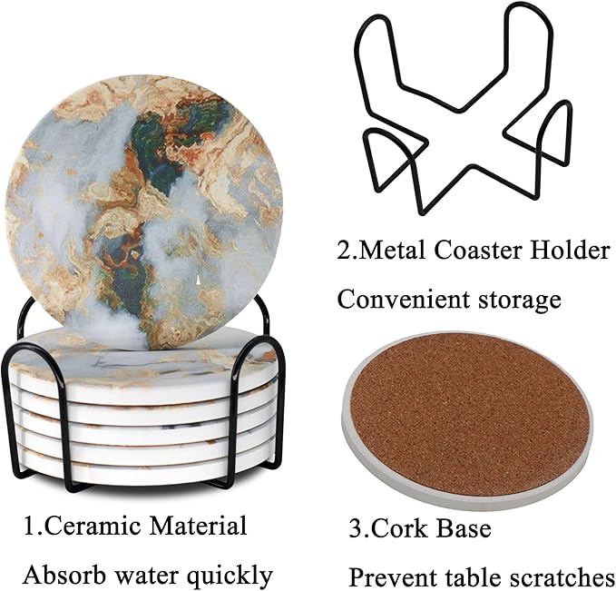 White Marble Ceramic Coasters with Holder Absorbent Drink Coaster Set Outdoor Round Abstract Cute Table Decorative Coffee Cup Beverage Fun Wine Beer Bar Gold Housewarming 6 Pack