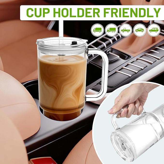 28oz Glass Coffee Cups with Lids and Straw,2 Pack Glass Tumbler with Handle for Cold & Hot Drinks Wide Mouth Travel Mug for Smoothies,Beer,Tea,Juice and Iced Coffee Cups with Lids and Straw